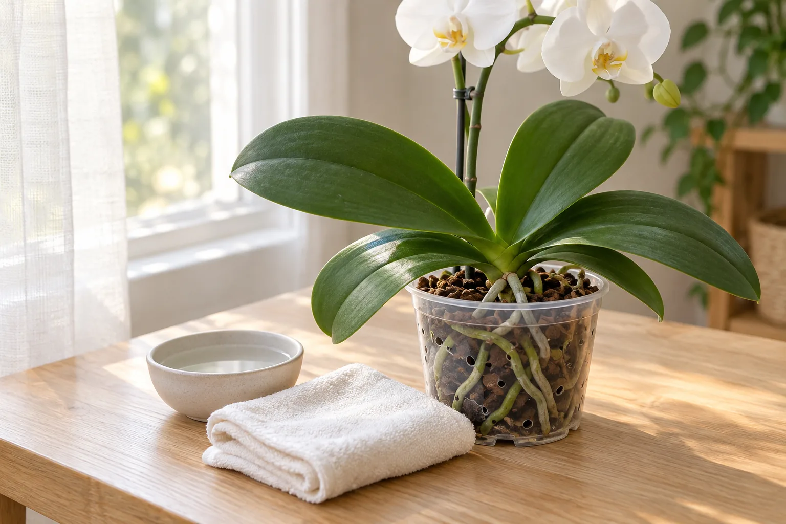 Portada ilustrativa: hojas verdes de Phalaenopsis junto a un paño suave y un recipiente de agua sobre una mesa