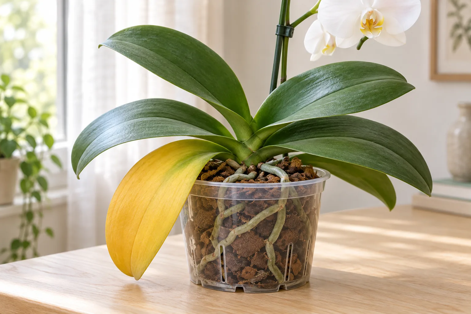 Portada ilustrativa: Phalaenopsis con una hoja inferior amarilla, hojas verdes y raíces visibles en un macetero transparente