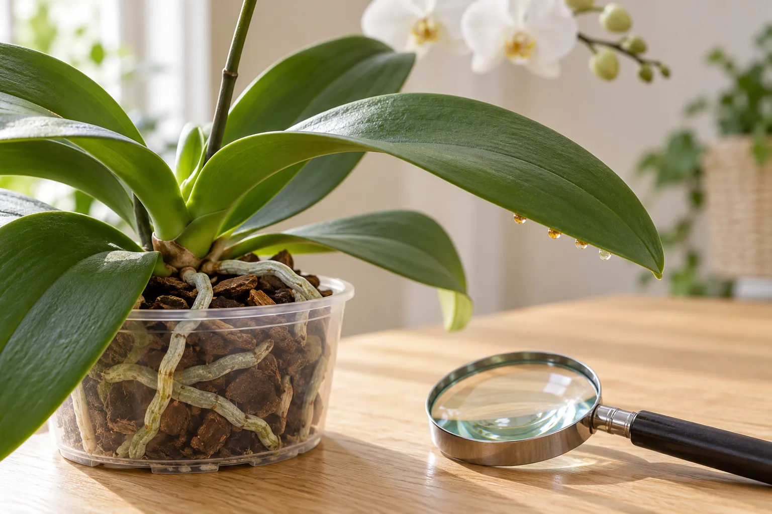 Portada ilustrativa: hojas de Phalaenopsis con pequeñas gotas y una lupa sobre una mesa luminosa